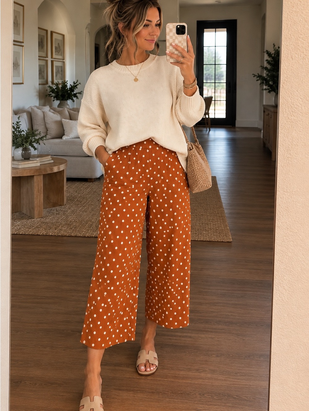 Madewell Rust Polka Dot Wide-Leg Crop Pants